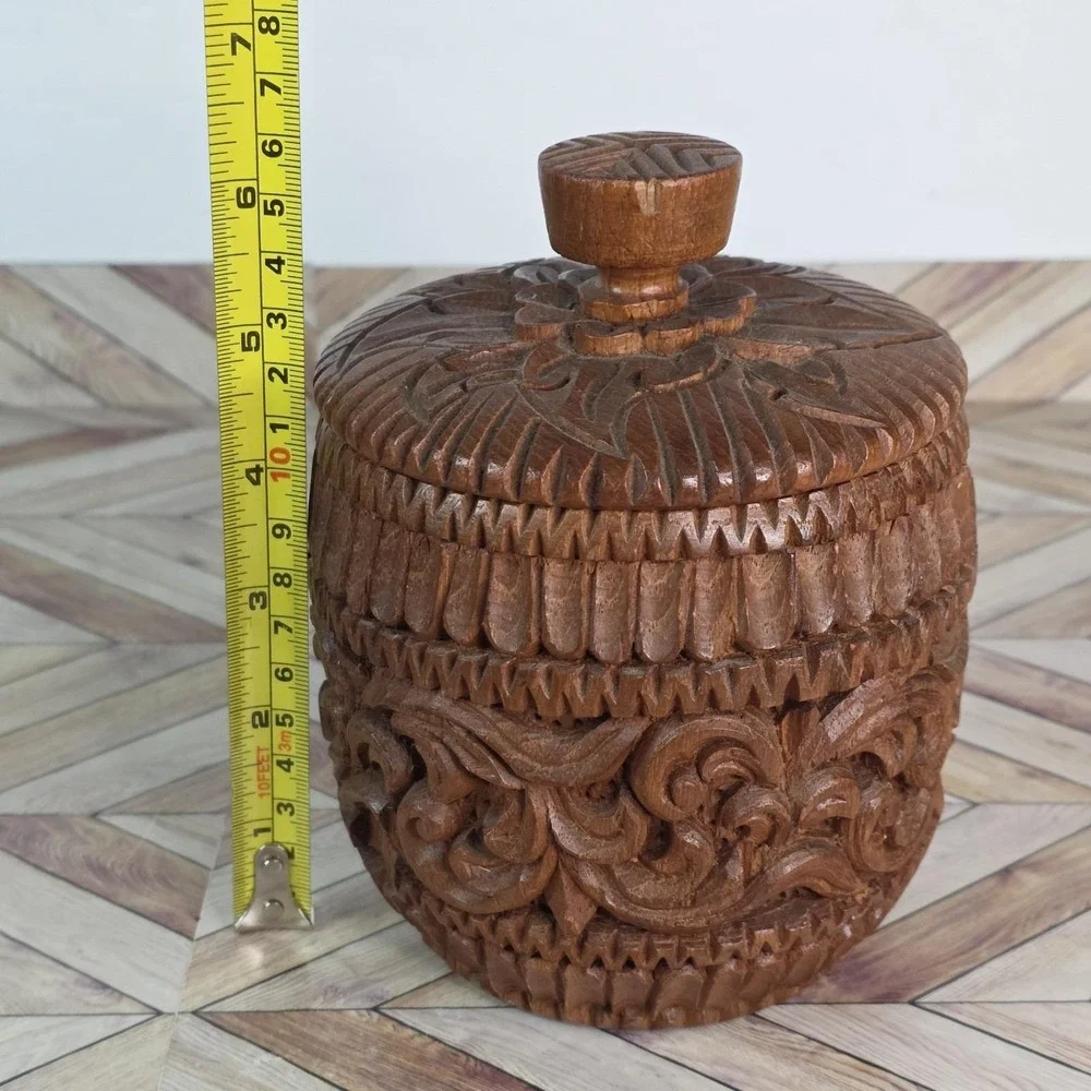 Vintage Ornate Carved Wooden Only 2 Coaster Set with Jar Holder and Lid 6